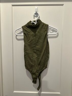 Olive Green Ribbed Sleeveless Turtleneck Bodysuit
